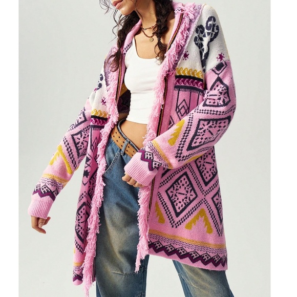 Cozy Pink Blessed Eye Geo Print Fringe Open Front Cardigan - Picture 5 of 6